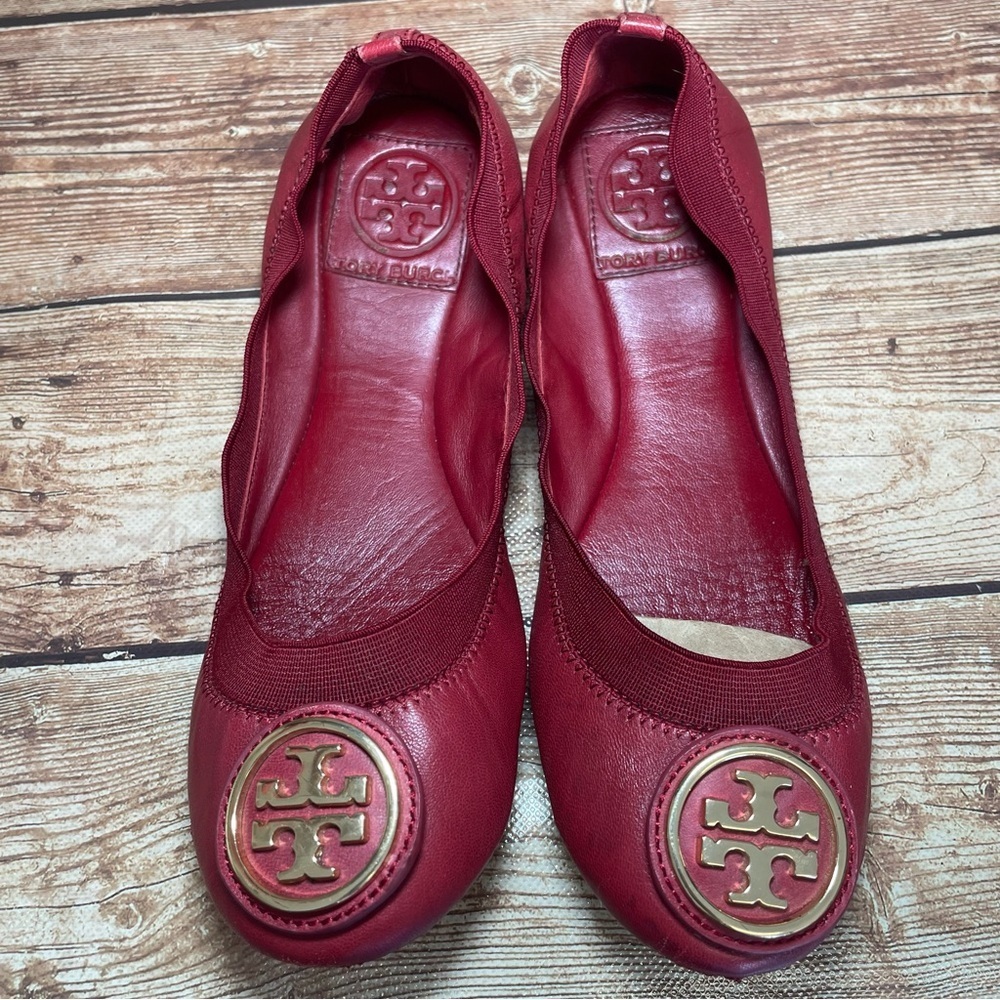 Tory Burch Caroline 2 Cabernet Leather Ballet Flats Gold Logo Women's Size 5 m - Picture 6 of 10